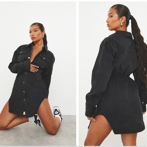 Pretty Little Thing Washed Black Cinched Waist Long Sleeve Denim Dress